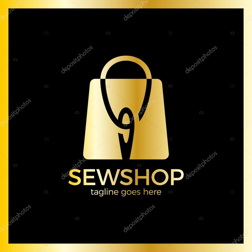 Sewing Shop Logo. Handicraft Thread Logotype. Fashion style. Luxury, royal metal gold