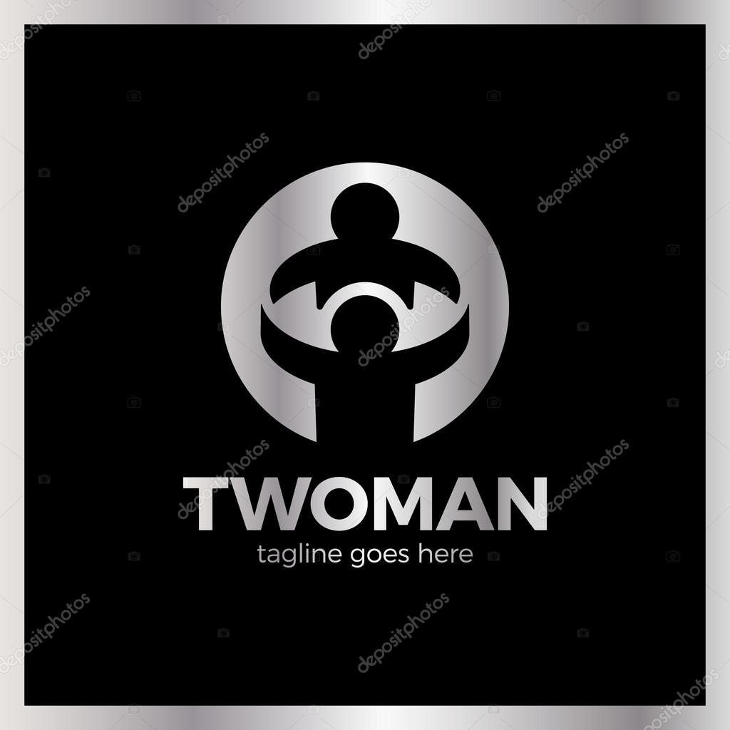 People Care Logo. Two man in circle logos. Luxury royal metal silver