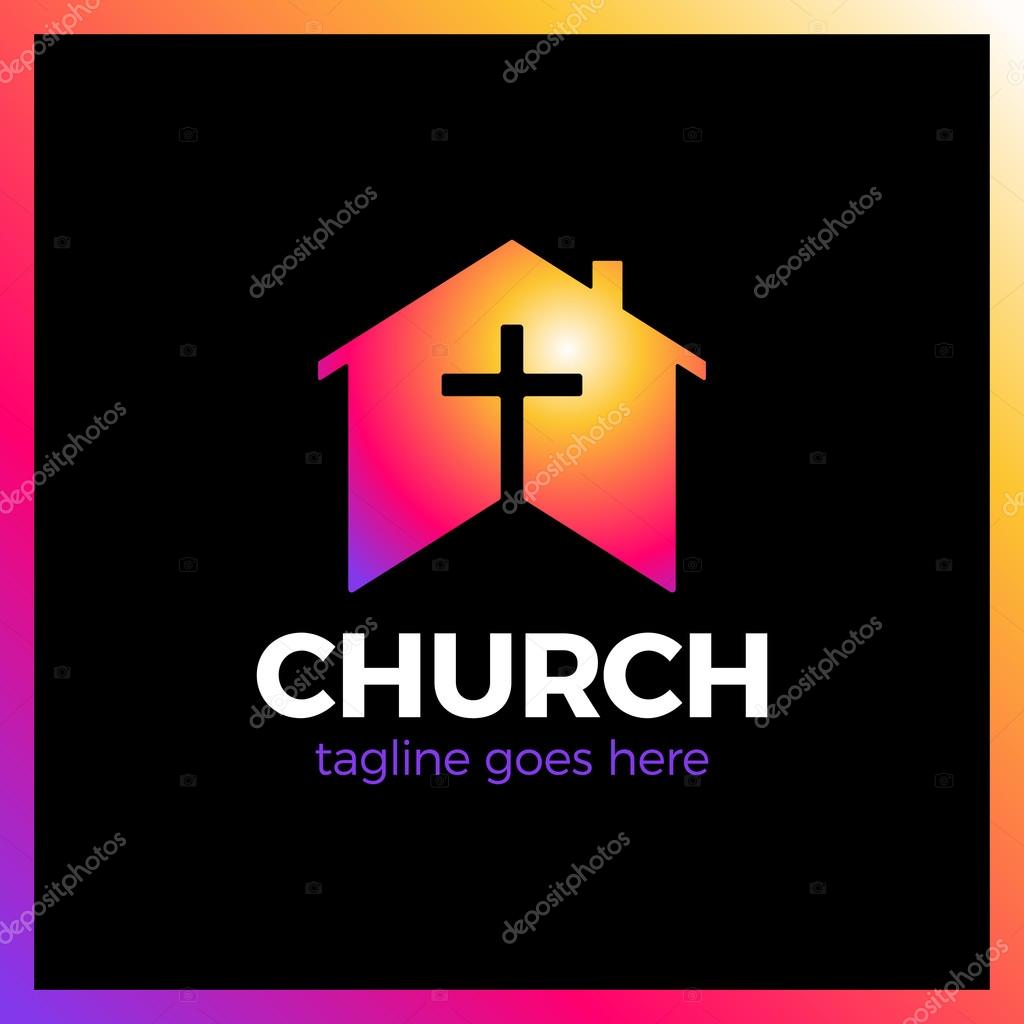 Home Church Logo. House Bible logotype. Calvary cross silhouette negative space