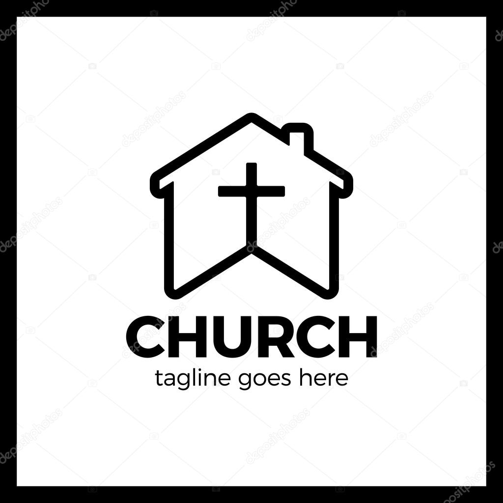 Home Church Logo. House Bible logotype. Calvary cross silhouette negative space