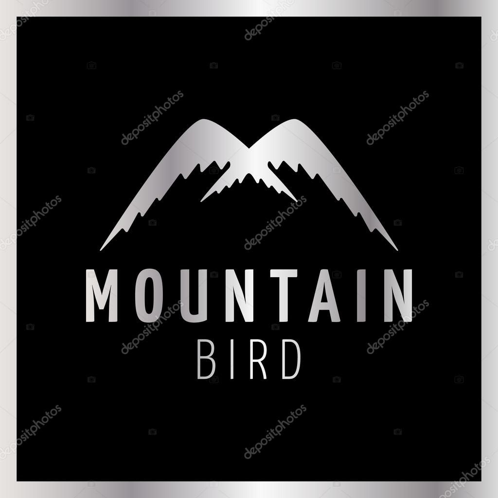 Mountains logo design vector template. Bird silhouette fly up.