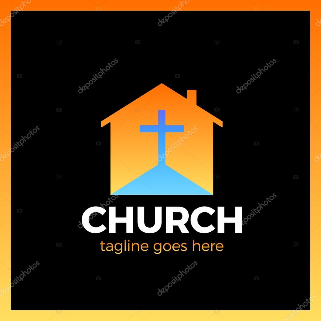 Home Church Logo. House Bible logotype. Calvary cross silhouette negative space