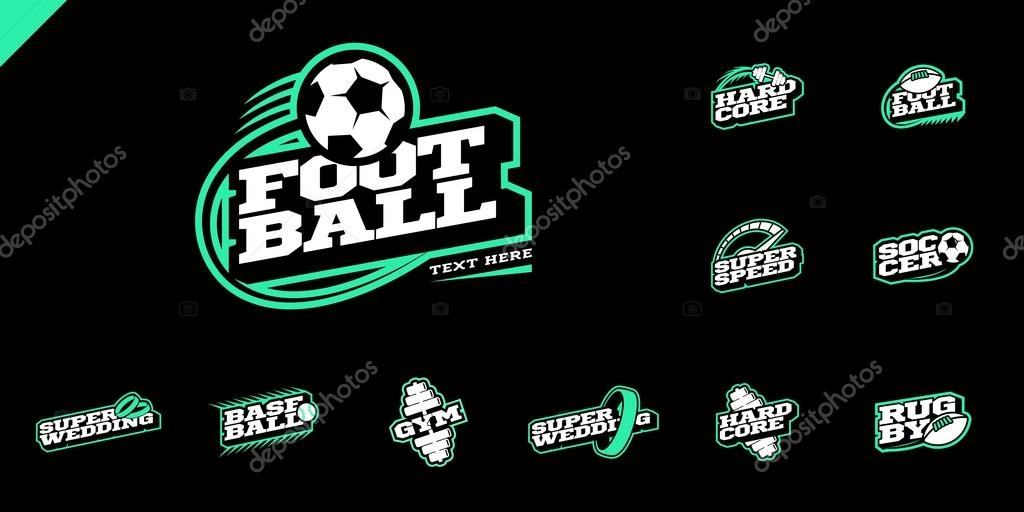Retro style sport logo set. Soccer, Baseball, rugby, football, gym emblem and wedding text logotype. two color style on black background