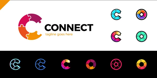 C mektup logo simge şablonu. Bağlantı, teknoloji, ağ, dijital, şirket logo vektör çizim ayarla bulmaca. farklı tarzda 11 renkli logolar — Stok Vektör