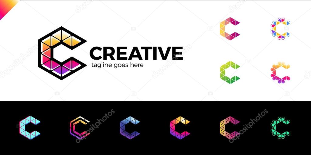 Clever, Creative, triangle, Colorful, Letter C logo. Smart and idea logotype set. 11 colorful logos in different style