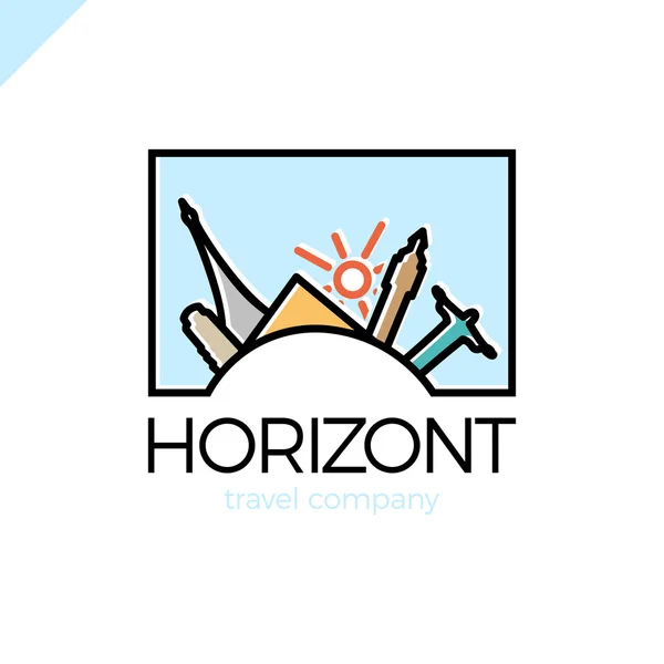 Horizont viagem de linha, modelo de design de logotipo do vetor de viagem. ícone do país turismo mundial. Paris, Rio, Itália, Londres, Egito e símbolo do sol — Vetor de Stock