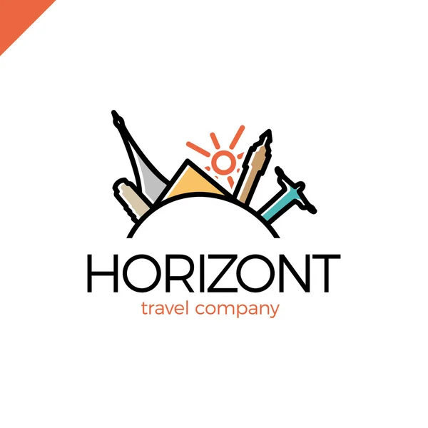 Viaje en línea horizontal, plantilla de diseño de logotipo de vector de viaje. icono del turismo mundial país. París, Río, Italia, Londres, Egipto y símbolo del sol — Vector de stock