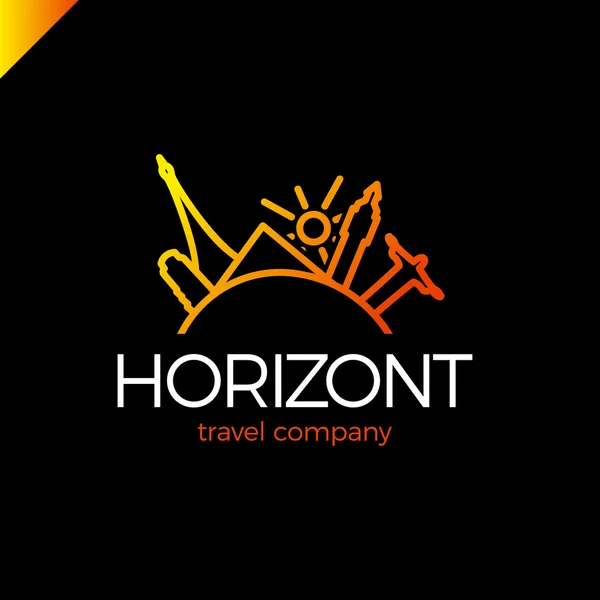 Viaje en línea horizontal, plantilla de diseño de logotipo de vector de viaje. icono del turismo mundial país. París, Río, Italia, Londres, Egipto y símbolo del sol — Vector de stock