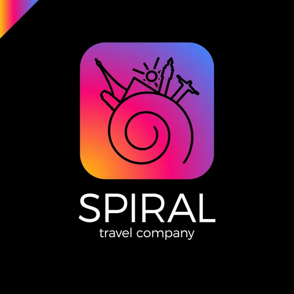 Viagem em espiral, modelo de design de logotipo do vetor de jornada. ícone do país turismo mundial. Paris, Rio, Itália, Londres, Egito e símbolo do sol —  Vetores de Stock