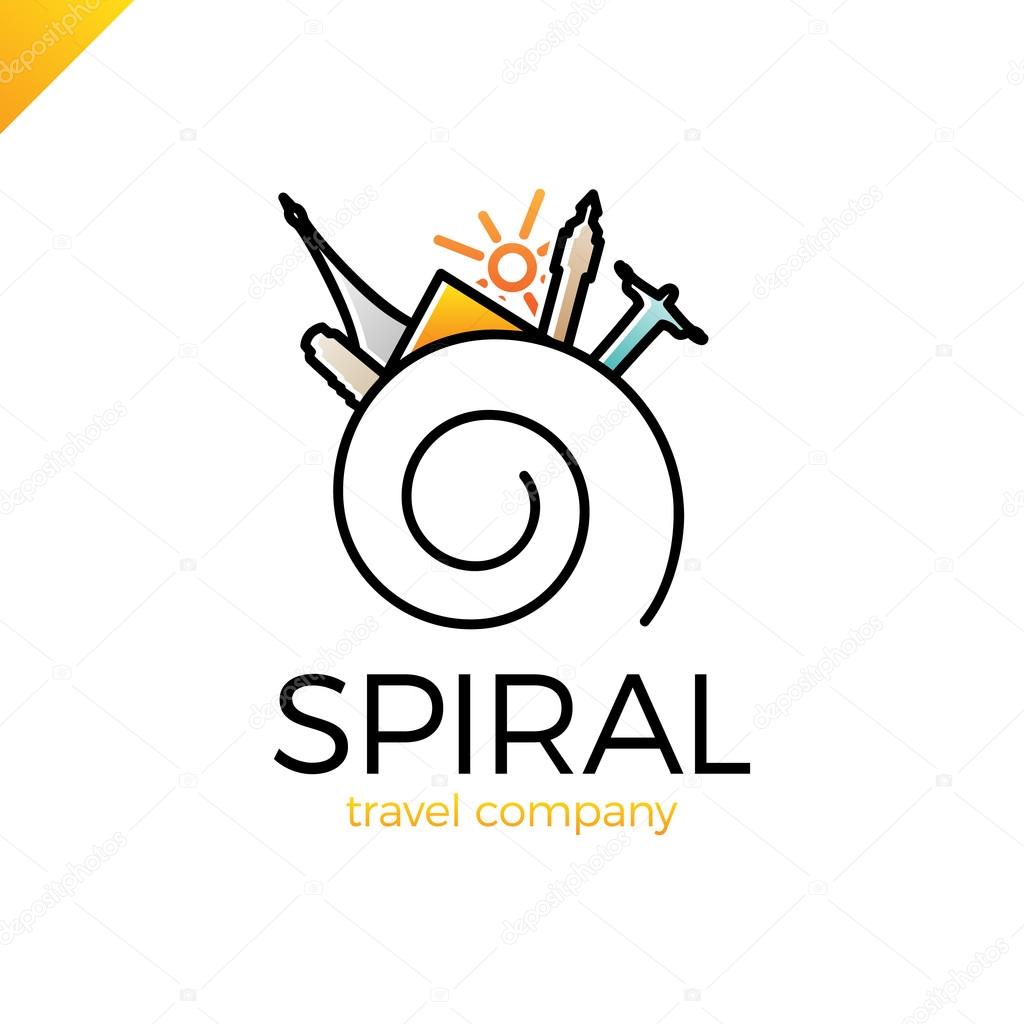 Spiral line travel, journey vector logo design template. world tourism country icon. Paris, Rio, Italy, London, Egypt and sun symbol