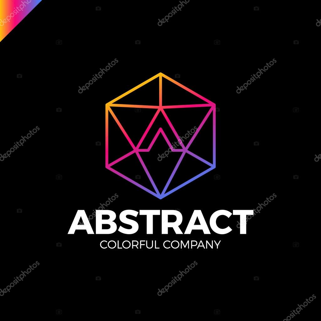 Letter A in a nut hex shape frame tech industry logo template. Abstract media triangle hexagon logotype with arrow up in middle rainbow gradient
