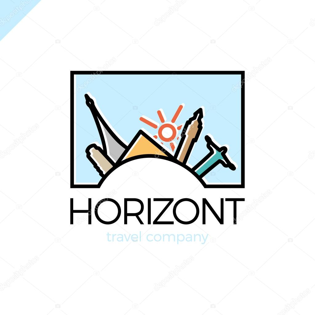 Horizont line travel, journey vector logo design template. world tourism country icon. Paris, Rio, Italy, London, Egypt and sun symbol