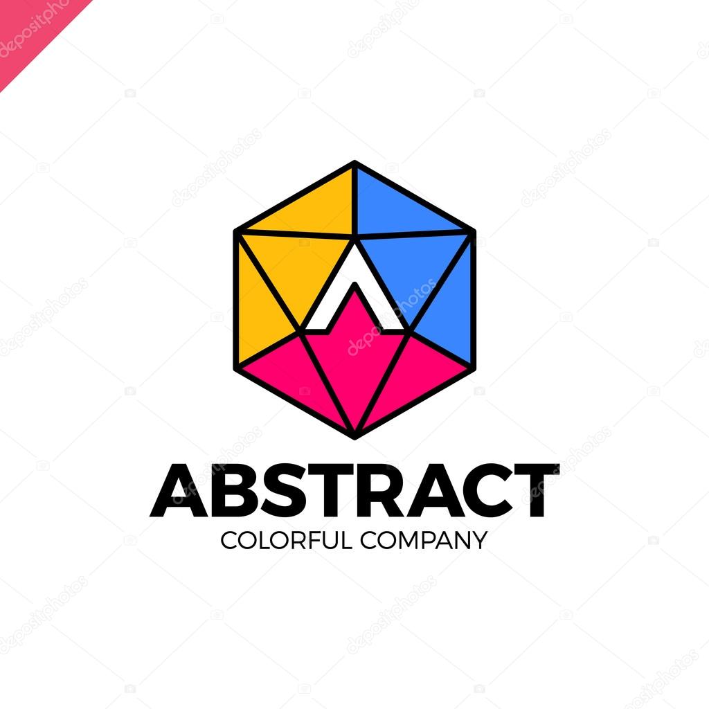 Letter A in a nut hex shape frame tech industry logo template. Abstract media triangle hexagon logotype with arrow up in middle