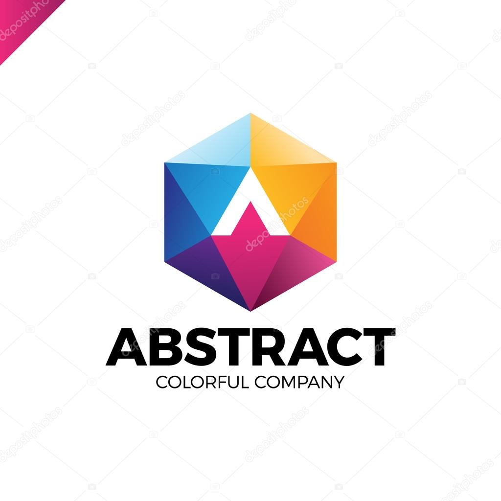 Letter A in a nut hex shape frame tech industry logo template. Abstract media triangle hexagon logotype with arrow up in middle colorful gradient