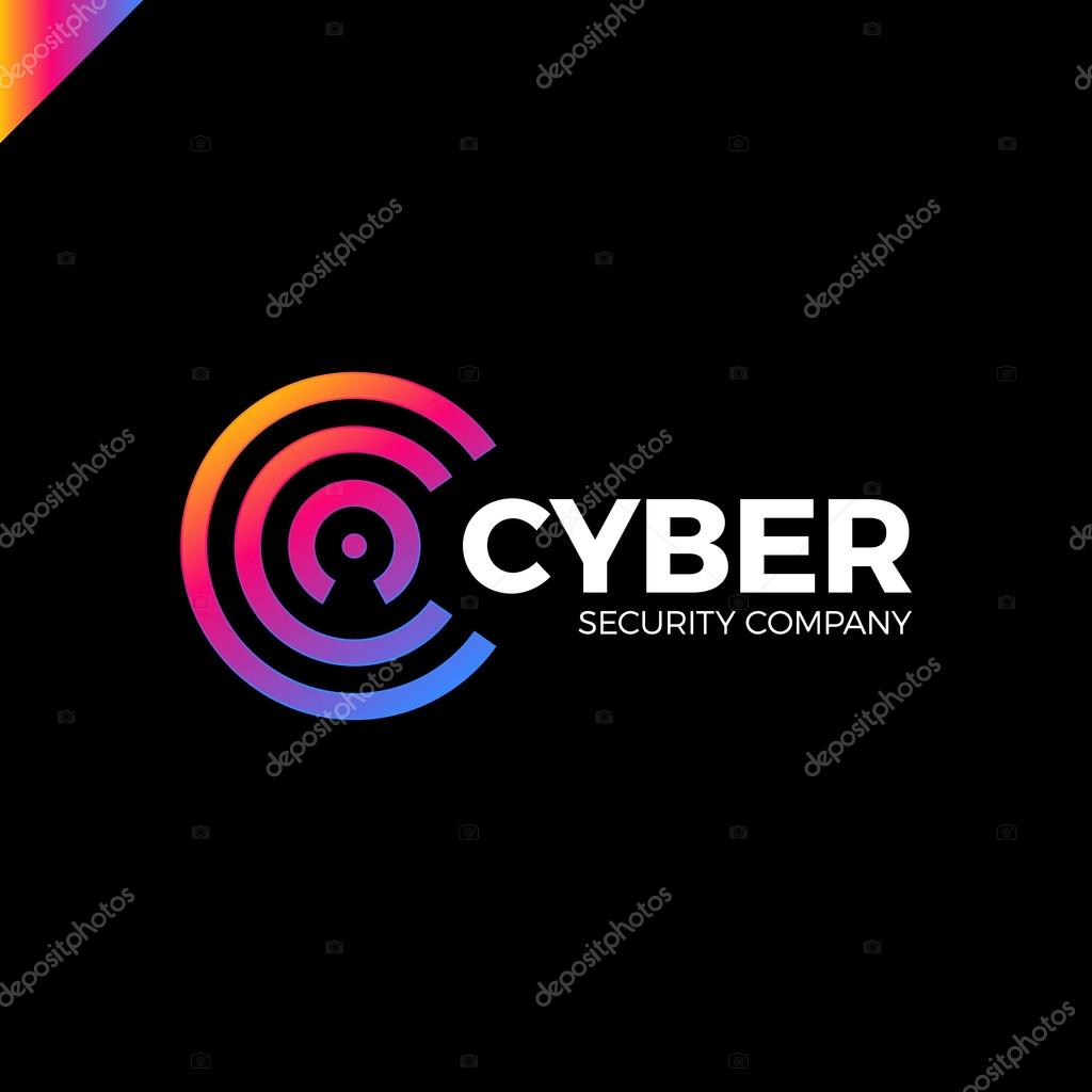 Cyber Security and defender line Letter C logo icon design template elements with dot in middle. Keyhole in negative space rainbow gradient