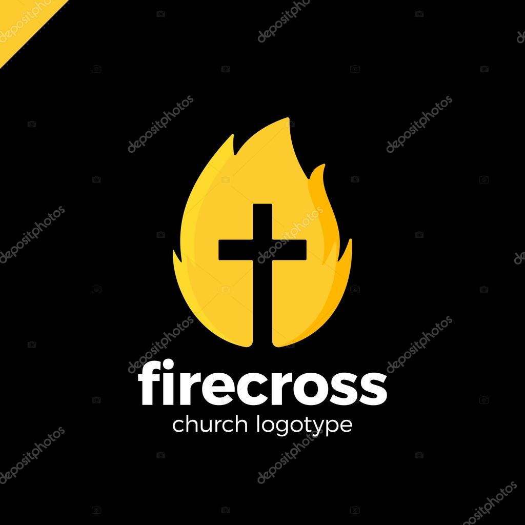 Modern Christianity cross in fire or flame symbol in negative space. yellow flat color style