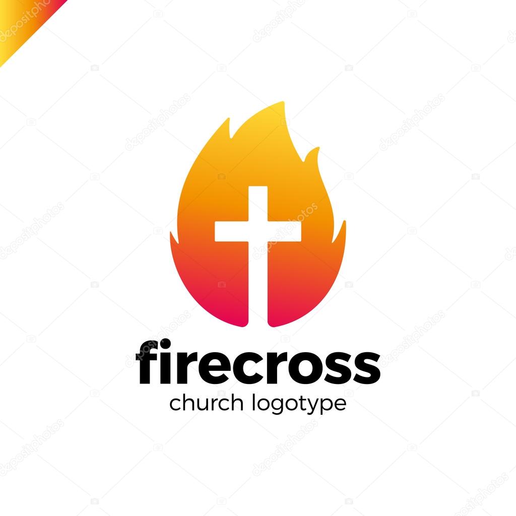 Modern Christianity cross in fire or flame symbol in negative space.