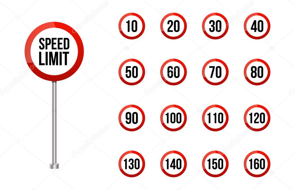 Speed limitation road sign set.Rounded road speed limit signs set isolated on white. Realistic red road sign set