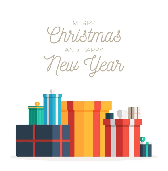 Big pile of colorful wrapped gift boxes for Christmas and new year greeting card. Vector illustration