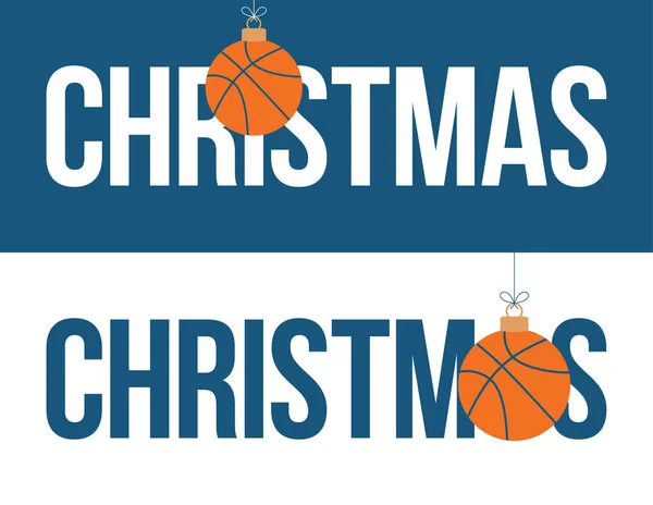 Basketbal Vánoce Ploché Karikatury Sportovní Veselá Vánoční Přání Basketbalovým Míčem — Stockový vektor