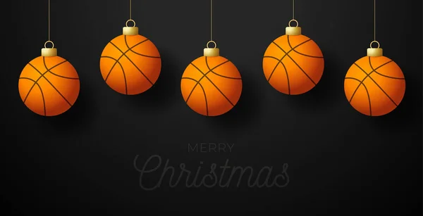 Рождественской Баскетбольной Открыткой Висите Нитке Баскетбольный Мяч Рождественский Шар Черном — стоковый вектор