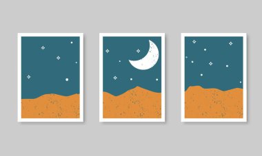 Manzara, çöl, kum tepeleri ve hilal ay ile soyut çağdaş estetik arka plan. Toprak tonları, yanmış sienna, terracotta renkleri. Boho duvar dekoru. Orta yüzyıl modern minimalist sanat baskısı