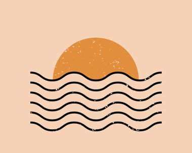 Güneş ve geometrik dalgalı modern soyut estetik arka plan. Boho tarzında bir duvar dekoru. Yüzyılın ortalarında, minimalist sanat baskısı. Vektör tasarımı