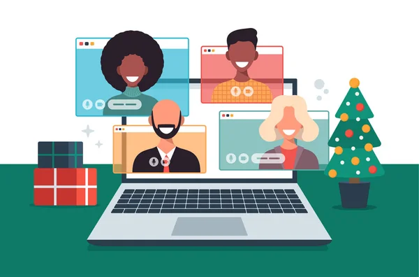 Natale Saluto Online Persone Che Incontrano Online Insieme Con Famiglia — Vettoriale Stock