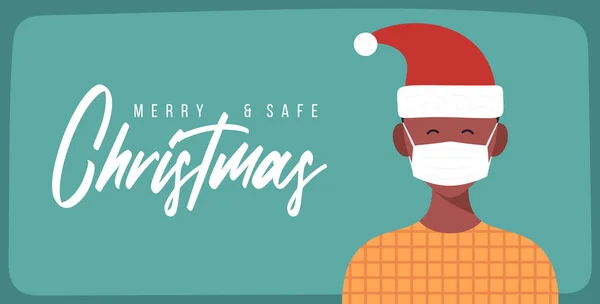 Selamat Natal Yang Aman Pria Afrika Bertopi Santa Claus Memakai - Stok Vektor