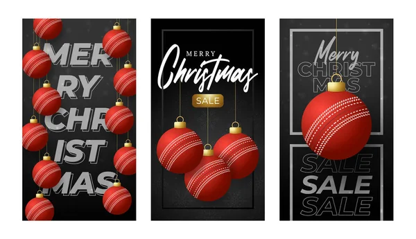 Merry Christmas cricket vertical greeting card. Set of insta story format card with Hang on a thread cricket ball as a Christmas ball on black horizontal background. Sport Vector illustration.