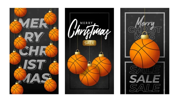 Frohe Weihnachten Basketball Vertikale Grußkarte Set Insta Story Format Mit — Stockvektor