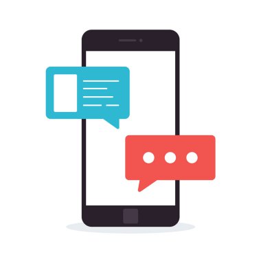 Cep telefonuyla sohbet etme veya insanlarla konuşma kavramı. Küreselleşmeyi, bağlantıyı, telefon görüşmelerini veya sosyal medya konularını göstermek için kullanılabilir. Vektör illüstrasyonu