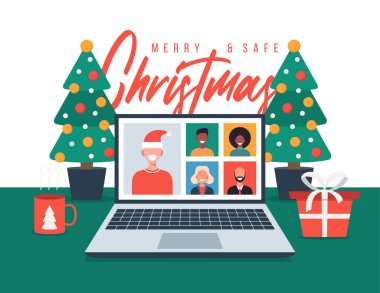 Noel çevrimiçi selamlama. İnsanlar internette aile veya arkadaş videosuyla buluşuyor. Bilgisayarlı sanal tartışmadan arıyorlar. Mutlu ve Güvenli Noel ofis masası çalışma yeri, düz vektör çizimi