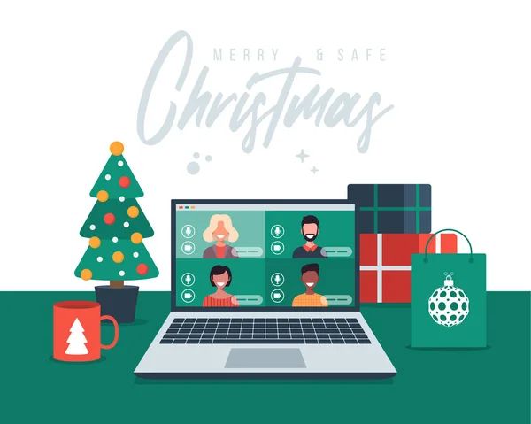 Sambutan Online Natal Orang Orang Bertemu Online Bersama Sama Dengan - Stok Vektor