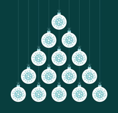 Yaratıcı Coronavirus Xmas ağacı Noel ve yeni yıl kutlaması için beyaz takı topları yaptı. Kapalı Noel ve yeni yıl düz çizgi film kartlarını selamlıyor.. 