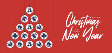 Covid Christmas ve yeni yıl düz çizgi film kartı. Yaratıcı Coronavirus Xmas ağacı Noel ve Yeni Yıl kutlamaları için beyaz takı topları yaptı.