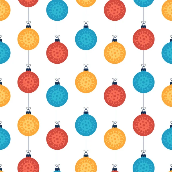 在白色的背景上 圣诞节的冠冕斑纹无缝图案的彩球 Covid简单新年图案矢量图解 — 图库矢量图片