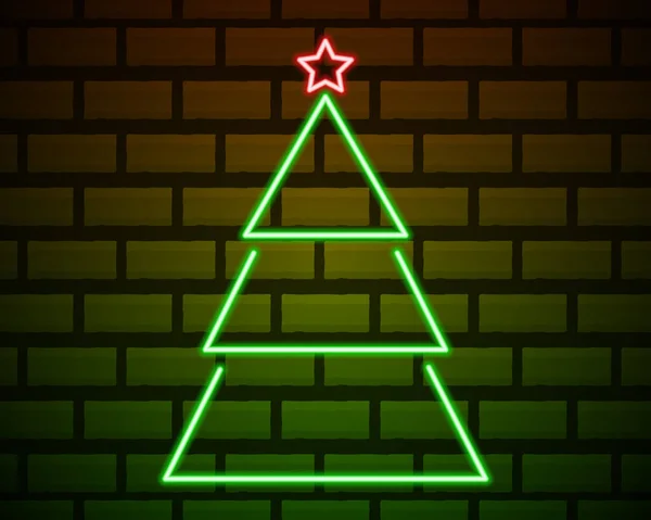圣诞树霓虹灯标志 冬季假期促销的媒介图解 隔离在砖墙背景下 — 图库矢量图片