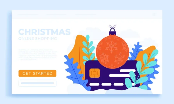 クリスマスオンラインショッピングランディングページやプレゼンテーションのために隔離されたクレジットカードベクトルストックイラスト コロナウイルス中のオンラインショッピングの概念 クリスマスツリーボール付きのカード — ストックベクタ