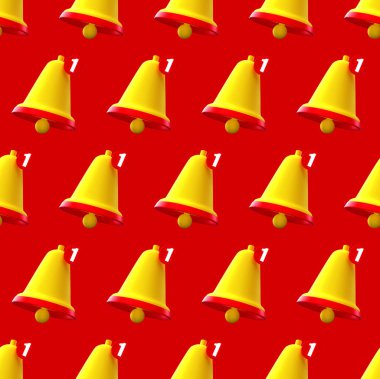 Uyarı çanı kusursuz desenli yaratıcı kavram. Çizgi film Minimum Turuncu, kırmızı arka planda ziller çalıyor. Yeni bir bilgilendirme konsepti. Sosyal Ortam ögesi 3d oluşturma