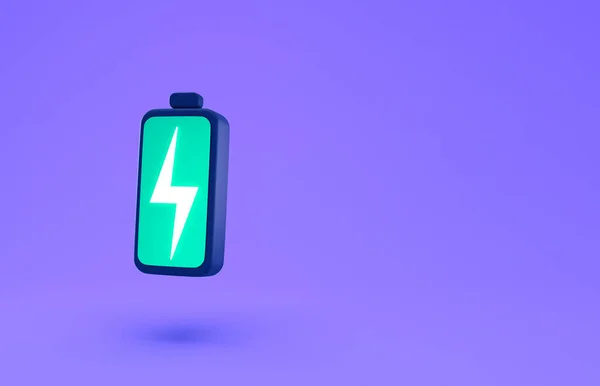 绿色电池与闪电充电符号创意概念 在淡紫色背景上的最小卡通电池图标 快速充电的概念 3D渲染 带有文本复制空间 — 图库照片