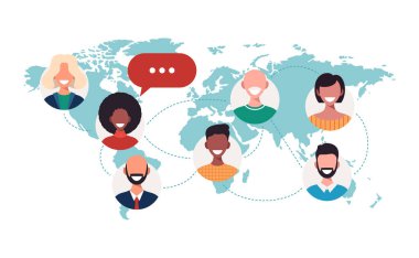Dünya haritasındaki insanlar sohbet baloncukları küresel iletişim takım çalışması bağlantı kavramı Avatar karışık yarış erkeği düz yatay vektör ilülasyonuyla karşı karşıya