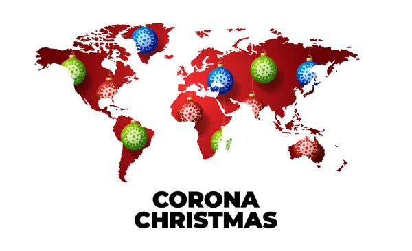 Weihnachten Covid Weltkarte Weihnachtskugel Mit Coronavirus Auf Word Karte Vektorillustration — Stockvektor