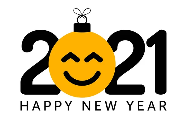2021年新年贺卡 面带微笑 挂在线上 像圣诞节玩具 球或易碎玩具 新年情绪概念矢量图解 — 图库矢量图片
