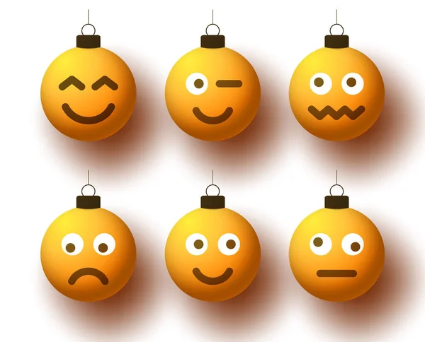 Conjunto Bolas Realistas Natal Amarelo Com Rosto Bonito Emoticons Brinquedos —  Vetores de Stock