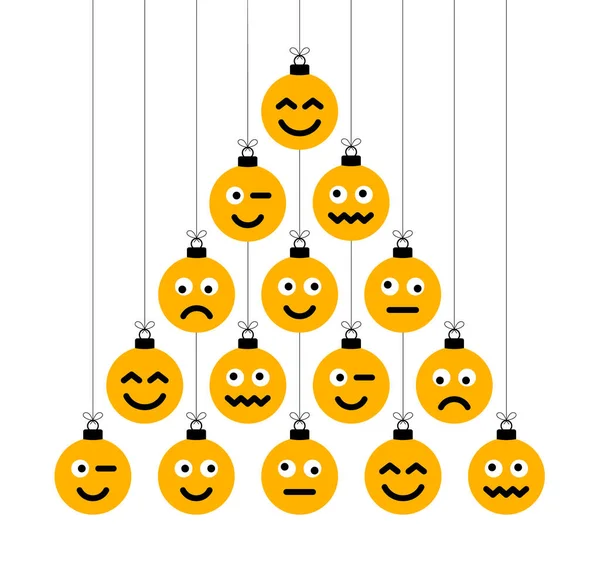クリスマスと新年の挨拶フラット漫画カード クリエイティブクリスマスツリーの顔 Emojidex 絵文字デックス クリスマスと新年のお祝いのための白い背景にボール — ストックベクタ