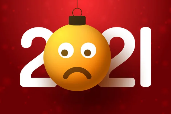 クリスマスのおもちゃ ボールや泡のように糸にかかって悲しい絵文字の顔で2021年の新年のグリーティングカード 新年の感情の概念ベクトル図 — ストックベクタ