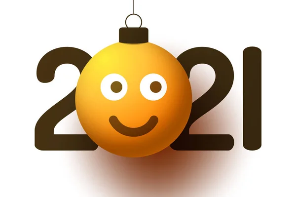 Greeting Card 2021 New Year Smiling Emoji Face Hangs Thread — Stock Vector