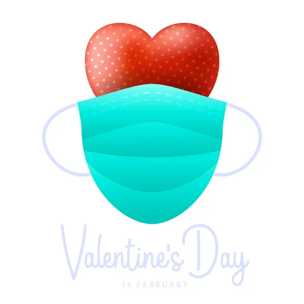 Реалістичне Червоне Серце Синьою Медичною Маскою Захист Коронавірусу Святкового Валентина — стоковий вектор