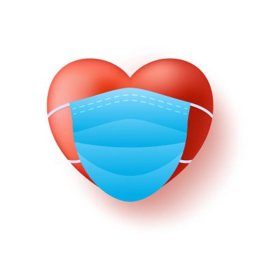 Mavi tıbbi maskeli şirin, gerçekçi kırmızı kalp. Coronavirus ve Coperid Sevgililer Günü 'nün korunması. Vektör illüstrasyon aşk afişi